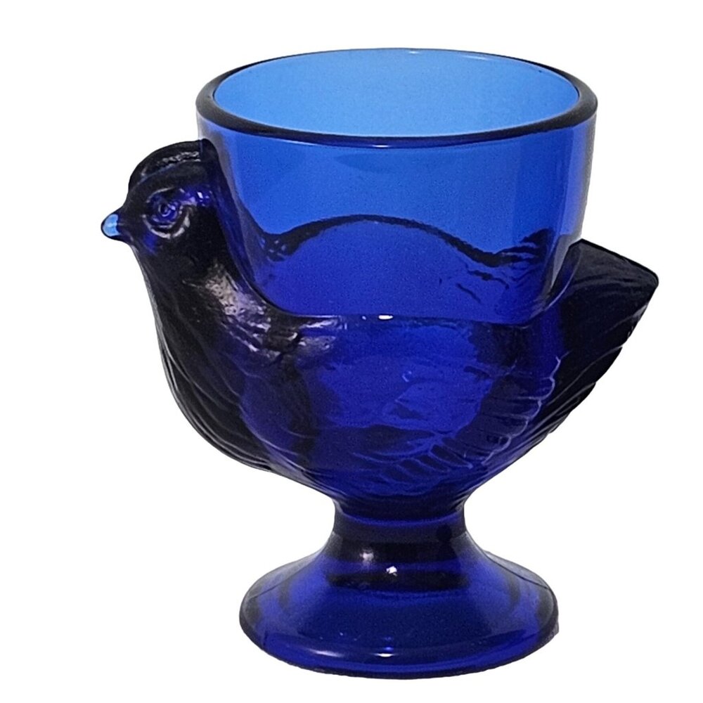 Cobalt Blue Chicken Egg Cup 2.5" Luminarc France hen 1980s Vtg collectible decor